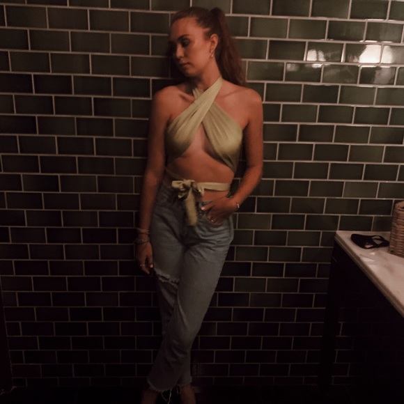 Green Satin Scarf Wrap Top - Picture 2 of 9